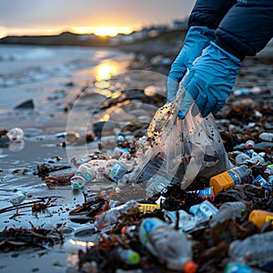 Environmentally conscious woman cleaning up trash on a sandy beach during a breathtaking sunset