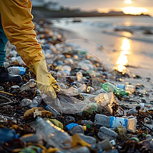 Environmentally conscious woman cleaning up trash on a sandy beach during a breathtaking sunset