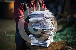 Environmentally friendly Man holds tied stack, preparing used paper for recycling