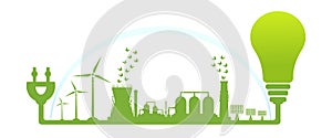 Environmentally friendly production. Silhouette of a large plant with cleaned environmental emissions and renewable energy sources