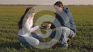 Environmentally friendly sprout. farmer and business woman holding in their hands green seedlings of wheat working in