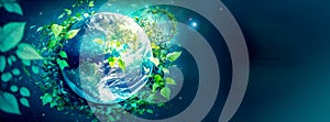 Environmment banner with planet Earth engulfed in green leaves on cosmic space gradient background