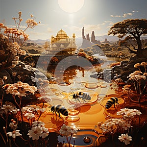 Envision a beehive scene where bees diligently