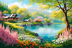 Envision a bright spring view of an island, bathed in the soft morning light. The landscape is adorned with vibrant blossoms,