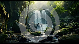 a cascading waterfall hidden in a deep forest