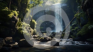 a cascading waterfall hidden in a deep forest
