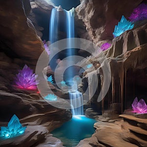 Envision a crystalline cavern with gemstone formations and cascading underground waterfalls2