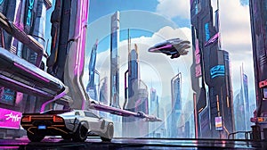 Envision a futuristic cityscape with towering skyscrapers, neon lights, and flying cars, capturing the essence of a cyberpunk