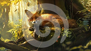 Envision a heartwarming scene as a cute red fox lounges in a cozy den nestled beneath the roots of an ancient tree