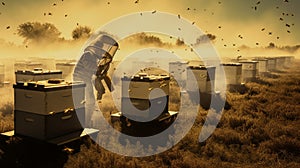 A hexagonal pattern of beehives in an apiary bustling with activity