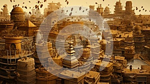 A hexagonal pattern of beehives in an apiary bustling with activity