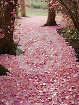 Envision a path made of delicate flower petals in various shades of pink and pastel.