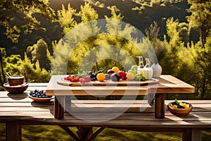 Envision a scene where a wooden cutting board stands upright on a rustic wooden table against the backdrop of a serene nature