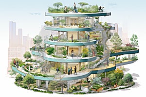 Envision urban spaces where technology fosters greenery and biodiversity, City parks or rooftops transformed into tech