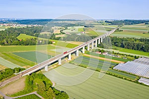 InterCity IC train of DB Deutsche Bahn on the Enztal bridge of high-speed railway line Mannheim-Stuttgart in Germany