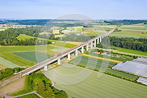 InterCity IC train of ÃâBB Ãâsterreichische Bundesbahnen on the Enztal bridge of high-speed railway line Mannheim-Stuttgart in