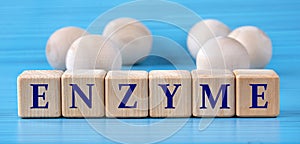 ENZYME - word on wooden cubes on a blue background with wooden round balls