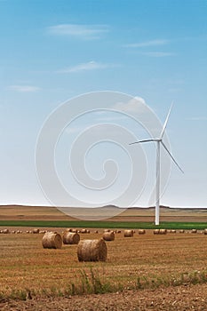 Eolian wind turbine with wheat hay rolls