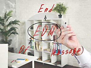 EOM End Of Message written text. Fashion and modern office interiors on an background