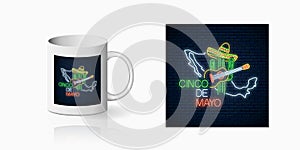 Eon sinco de mayo sign with mexico map for cup design. Mexican festival design with guitar, cactus and sombrero hat