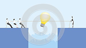eople and cyborg pull a rope for a big light bulb in a meeting