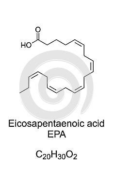 Eicosapentaenoic acid, EPA, polyunsaturated omega-3 fatty acid, chemical formula photo