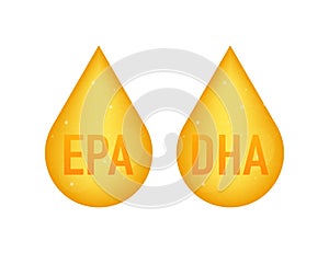 EPA, DHA Vector Drops Set. Omega Three. Organic Vitamin. Vector illustration