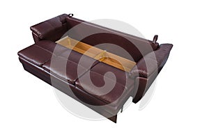 Epanded brown leather sofa isolated on white with clipping path