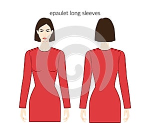 Epaulette sleeves long length clothes character beautiful lady in red top, shirt, dress technical fashion illustration