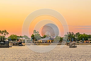 Epcot centre spaceship earth ball ride at sun set. Disney world Orlando Florida