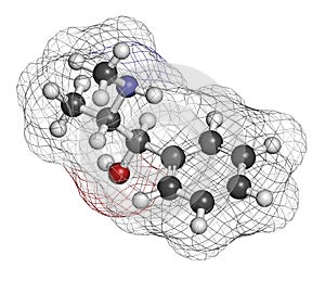 Ephedrine stimulant drug molecule. Alkaloid found in Ephedra plants. Used as stimulant, appetite suppressant, decongestant, etc.