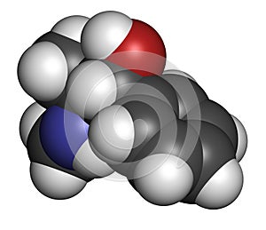 Ephedrine stimulant drug molecule. Alkaloid found in Ephedra plants. Used as stimulant, appetite suppressant, decongestant, etc.