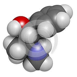 Ephedrine stimulant drug molecule. Alkaloid found in Ephedra plants. Used as stimulant, appetite suppressant, decongestant, etc