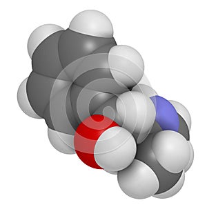 Ephedrine stimulant drug molecule. Alkaloid found in Ephedra plants. Used as stimulant, appetite suppressant, decongestant, etc