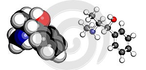 Ephedrine stimulant drug molecule. Alkaloid found in Ephedra plants. Used as stimulant, appetite suppressant, decongestant, etc