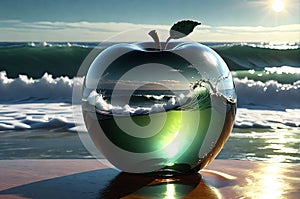 Ephemeral Fusion: Glass Apple with Shadowy Sphere Cast upon Tumultuous Ocean Waves