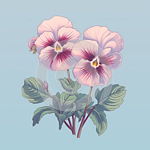 Ephemeral Illustration Of Three Pansies On A Blue Background