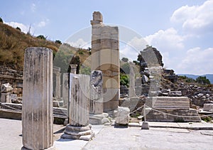 Ephesus ancient city old ruins at sunny day, Izmir, Turkey. Turkish famous landmark