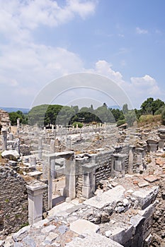 Ephesus ancient city old ruins at sunny day, Izmir, Turkey. Turkish famous landmark