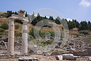 Ephesus ancient city old ruins at sunny day, Izmir, Turkey. Turkish famous landmark