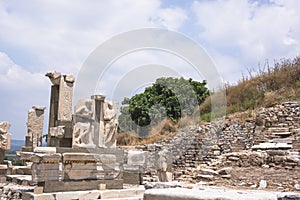 Ephesus ancient city old ruins at sunny day, Izmir, Turkey. Turkish famous landmark