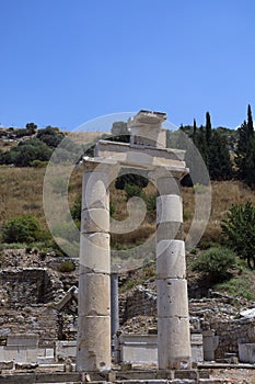 Ephesus ancient city old ruins at sunny day, Izmir, Turkey. Turkish famous landmark