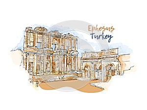 Ephesus, Izmir, Turkey. The Library of Celsus. Abstract landscape of Turkish landmarks on the Aegean Sea. Hand drawn