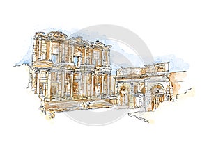 Ephesus, Izmir, Turkey. The Library of Celsus. Abstract landscape of Turkish landmarks on the Aegean Sea. Hand drawn