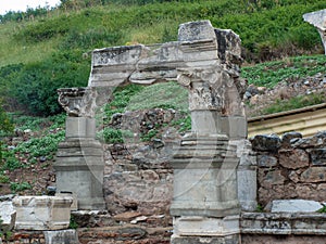 Ephesus, Turkey, remains of Greek edifice, reconstructed temple, plinth