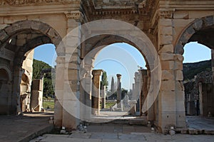 Ephesus Turkey view through arches of the gate of Mazeus and Mithridates