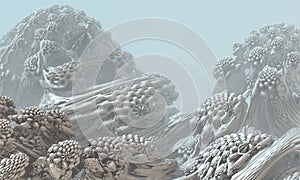 Epic 3d hallucination illustrating fictional foggy and hazy landscape with whimsical and outlandish shapes and forms.