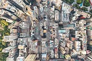 Epic aerial top view of Tsim Sha Tsui, commercial and shopping center of Hong Kong