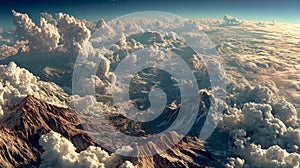 Epic aerial view of a dense futuristic city engulfed by massive clouds, blending nature with urban complexity photo