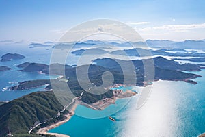 Epic aerial view of the High Island Reservoir, Sai Kung, Hong Kong